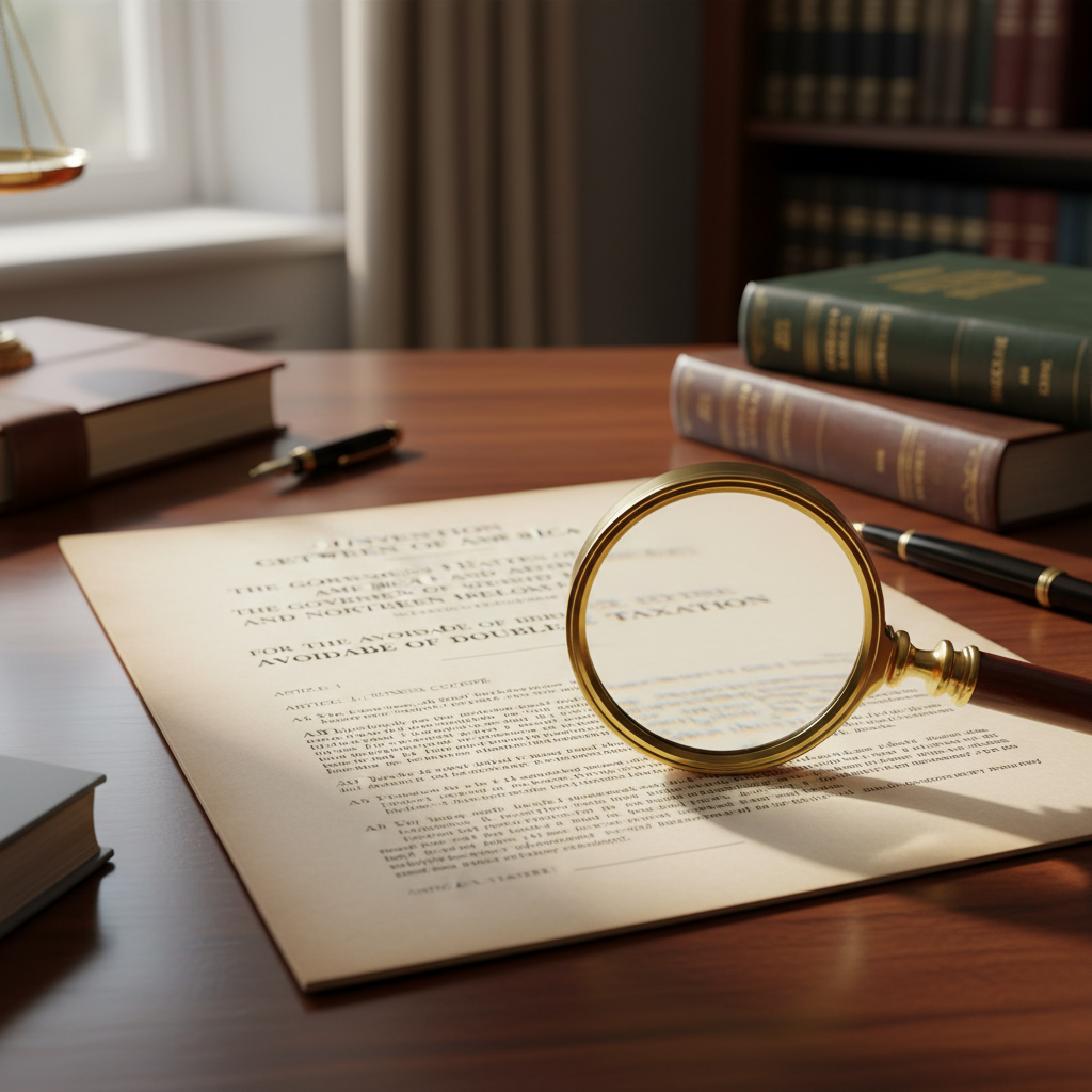 A detailed visual representation of the US-UK tax treaty document, open on a desk with a magnifying glass nearby, symbolizing legal scrutiny. Professional, clean, photorealistic.