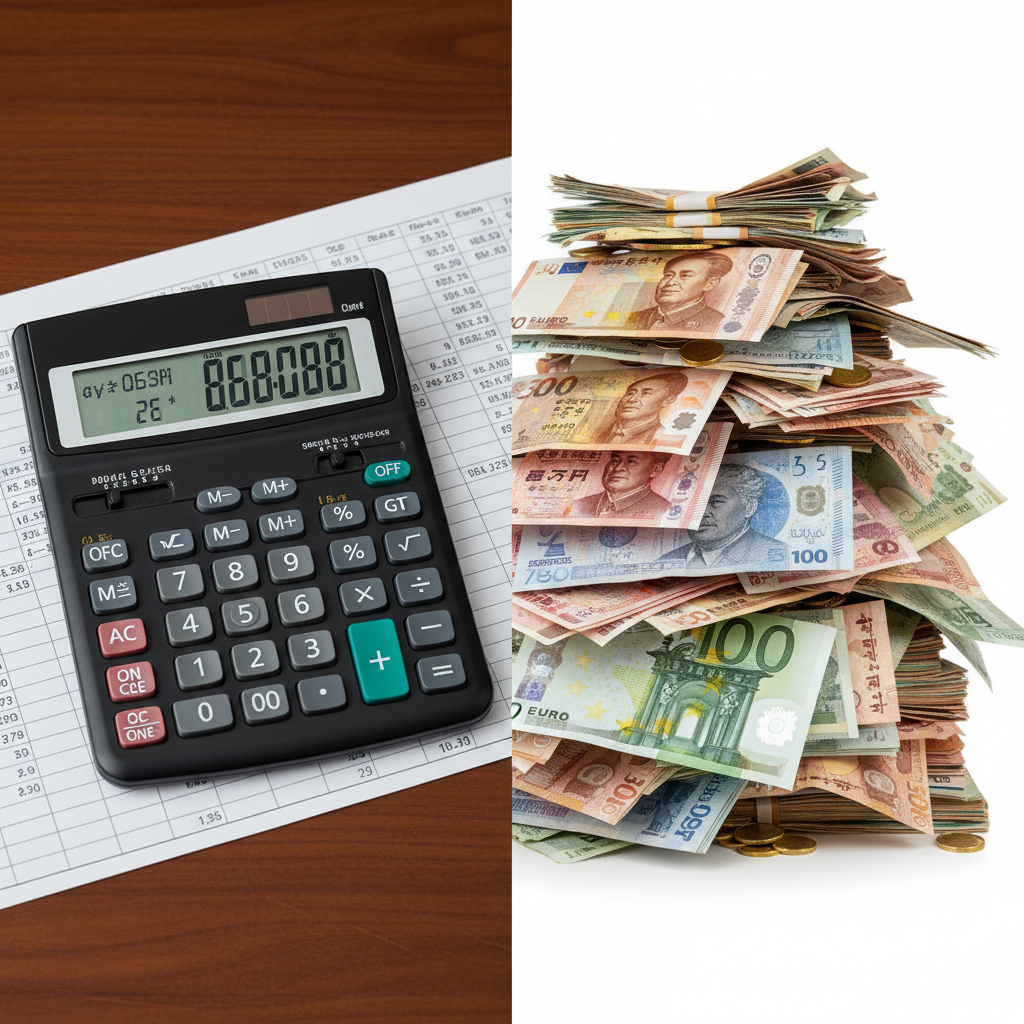 A split image showing a calculator on one side and a stack of various international currencies on the other, representing financial calculations and foreign earnings. Bright, sharp focus, photorealistic.