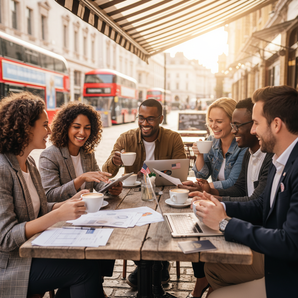 A diverse group of US expat individuals in London having a relaxed coffee meeting, discussing financial documents, with a clear sense of community and shared experience. Outdoor cafe, sunny day, photorealistic.