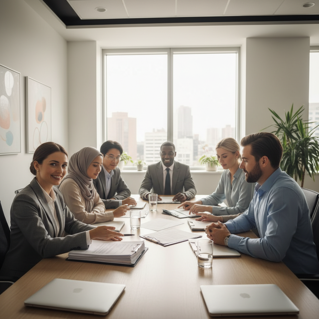 A diverse group of people from various countries sitting in a modern, bright office, discussing legal documents with a professional, friendly lawyer. Photorealistic, soft lighting.