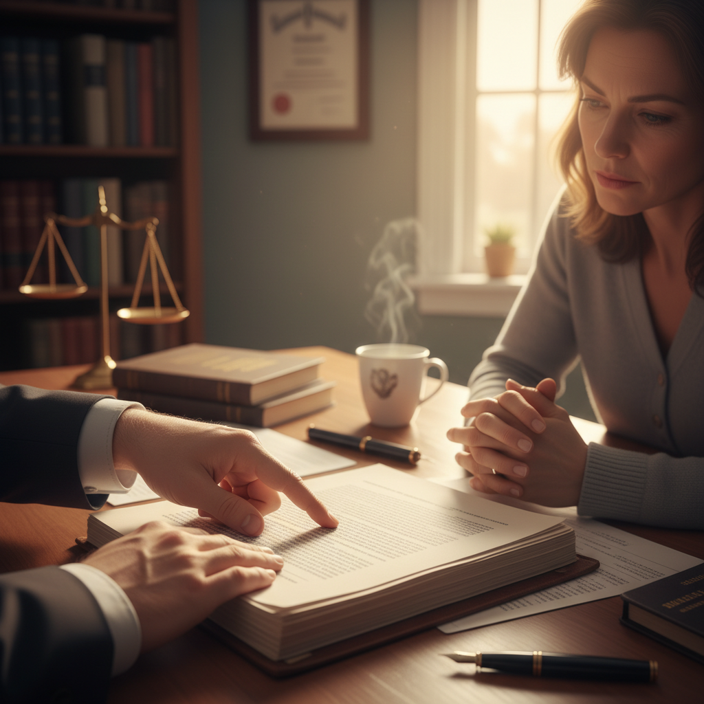 A close-up shot of a lawyer's hands pointing at a paragraph in a legal document, explaining it to a client who is listening attentively. The setting is a cozy, professional law office. Photorealistic, warm tones.