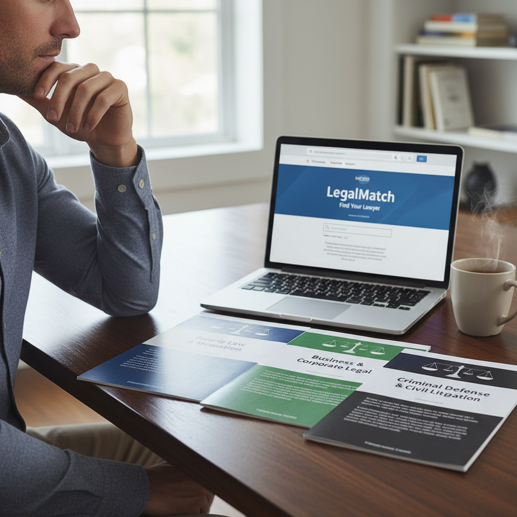 A person sitting at a desk, looking at three different legal service brochures laid out, contemplating their options. A laptop is open in front of them with a legal website on display. Photorealistic, professional.