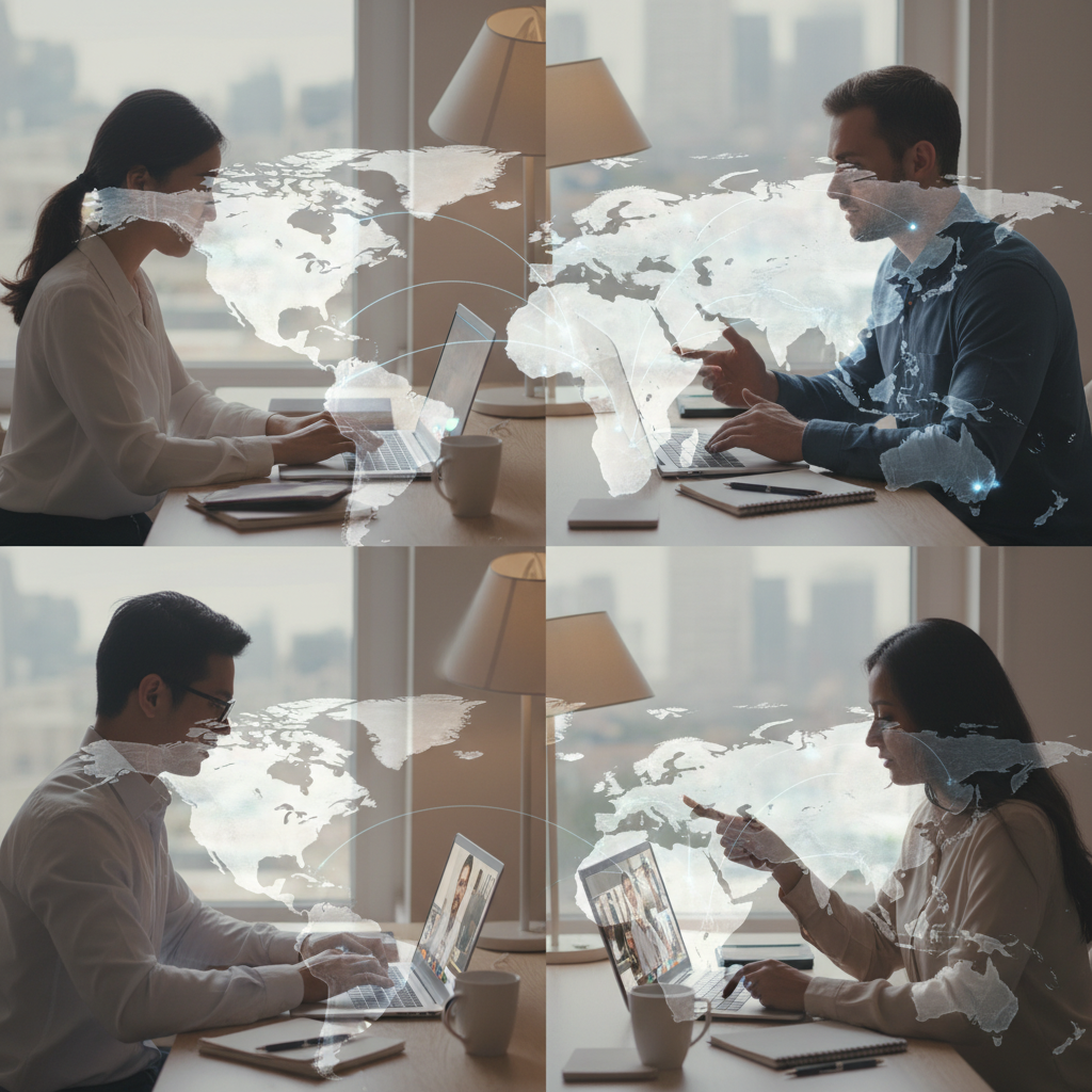 A diverse team of business professionals collaborating remotely on laptops and tablets, with a world map overlay in the background, symbolizing global connectivity and modern business operations. Photorealistic, soft lighting.