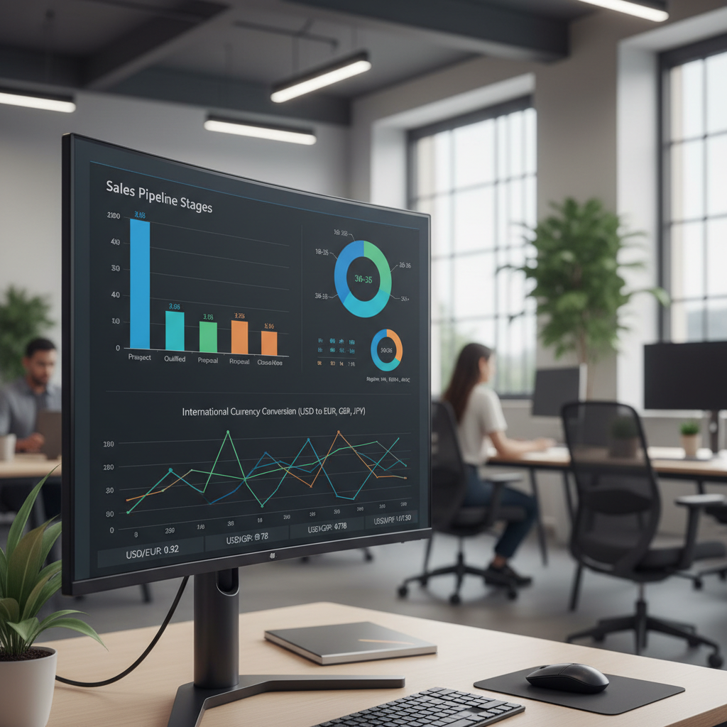 A dashboard display on a computer screen showing various charts and graphs related to CRM data, including sales pipeline, customer demographics, and international currency conversions. Modern office setting. Photorealistic.