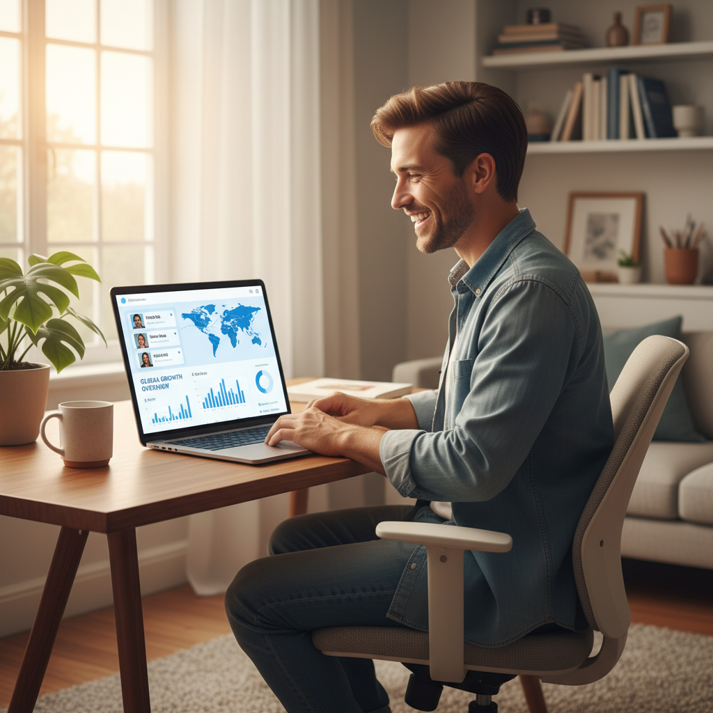 A business person, possibly an expat, happily looking at a laptop screen, showing a clean CRM interface with customer profiles and global sales data, in a bright, modern home office setting. Photorealistic, warm lighting.