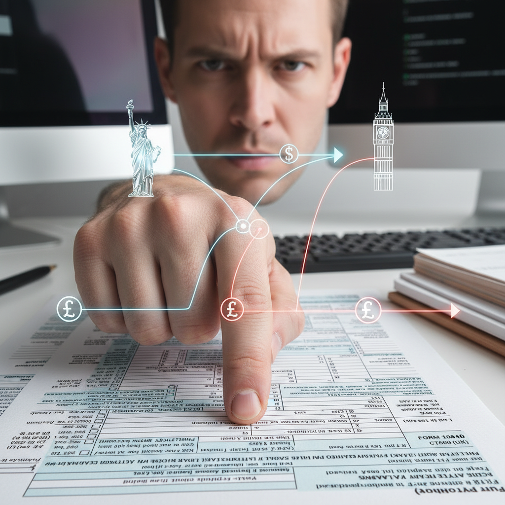 A close-up of a hand pointing to a complex tax form with numbers and diagrams, overlaid with subtle graphical elements representing money flowing between two countries (USA and UK), a serious but determined expression, professional office setting, photorealistic.