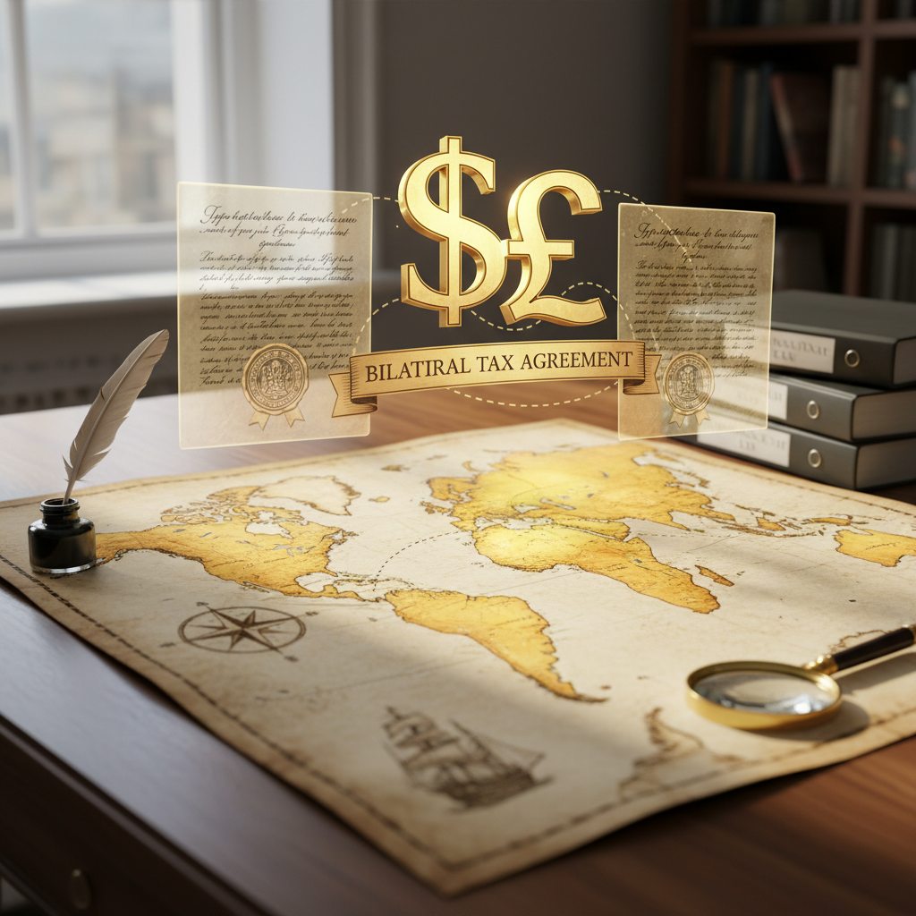 A detailed world map highlighting the USA and UK, with an overlay of tax treaty documents and symbols like dollar and pound signs, illustrating the concept of a bilateral tax agreement, bright and clear, informational, photorealistic.