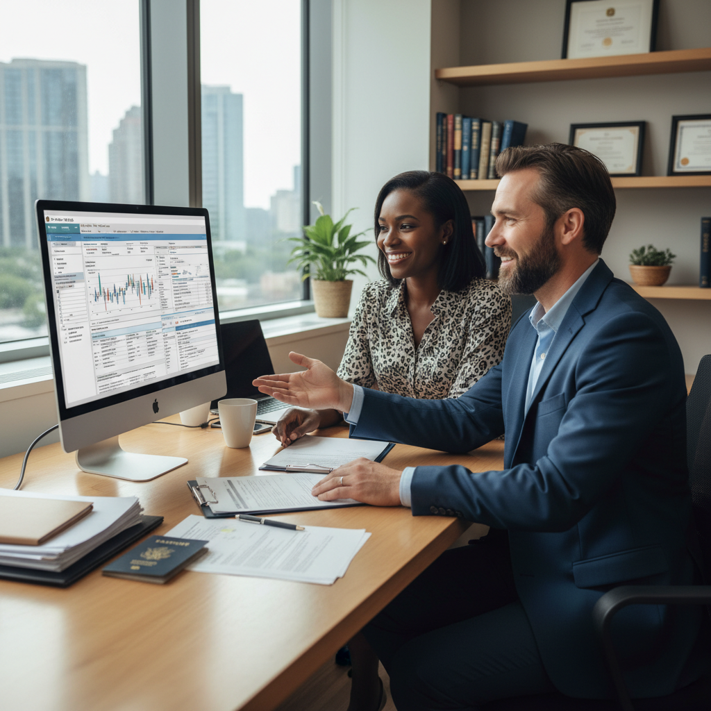 Two people, a US expat and a professional tax advisor, sitting across a desk in a modern, well-lit office, discussing documents and looking at a computer screen, a sense of trust and clarity, diverse and professional, photorealistic.