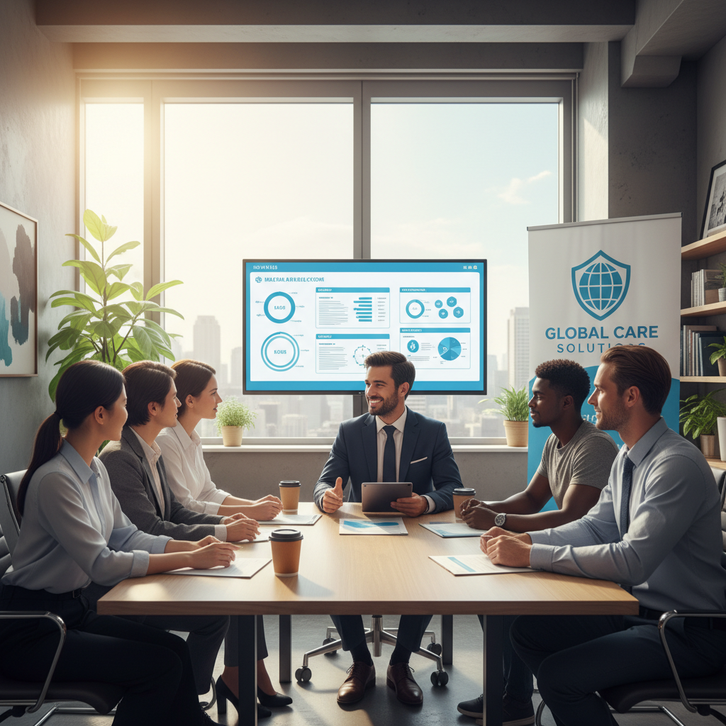 A diverse group of people (representing expats) discussing healthcare options with a friendly insurance advisor in a modern, well-lit office, professional setting, photorealistic, 8k resolution