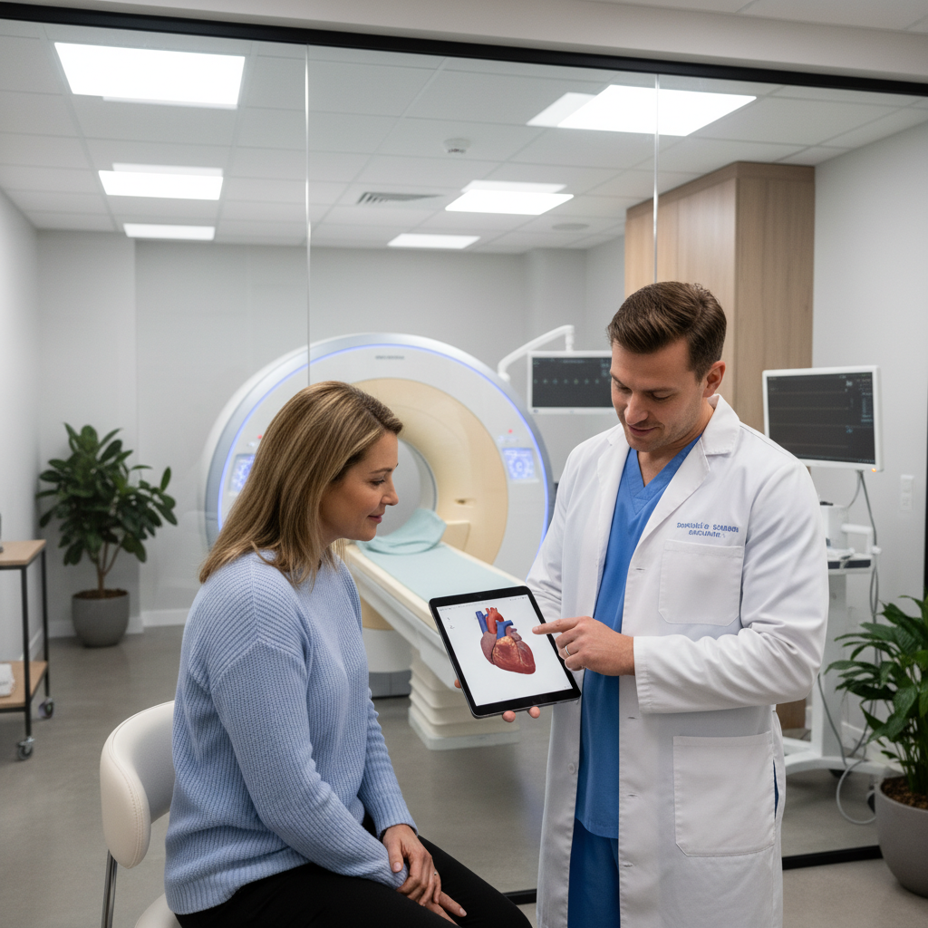 A doctor in a clean, modern private clinic explaining medical results on a tablet to a patient, showing advanced medical equipment in the background, professional, photorealistic, high detail