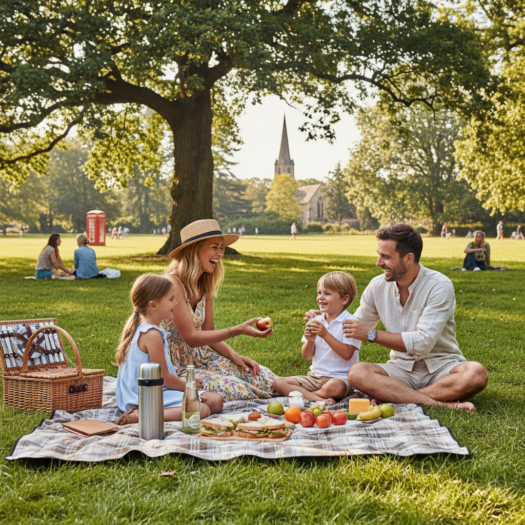 A happy, healthy expat family (parents and two young children) enjoying a relaxed afternoon picnic in a beautiful, sunny UK park, embodying peace of mind, photorealistic, vibrant colors