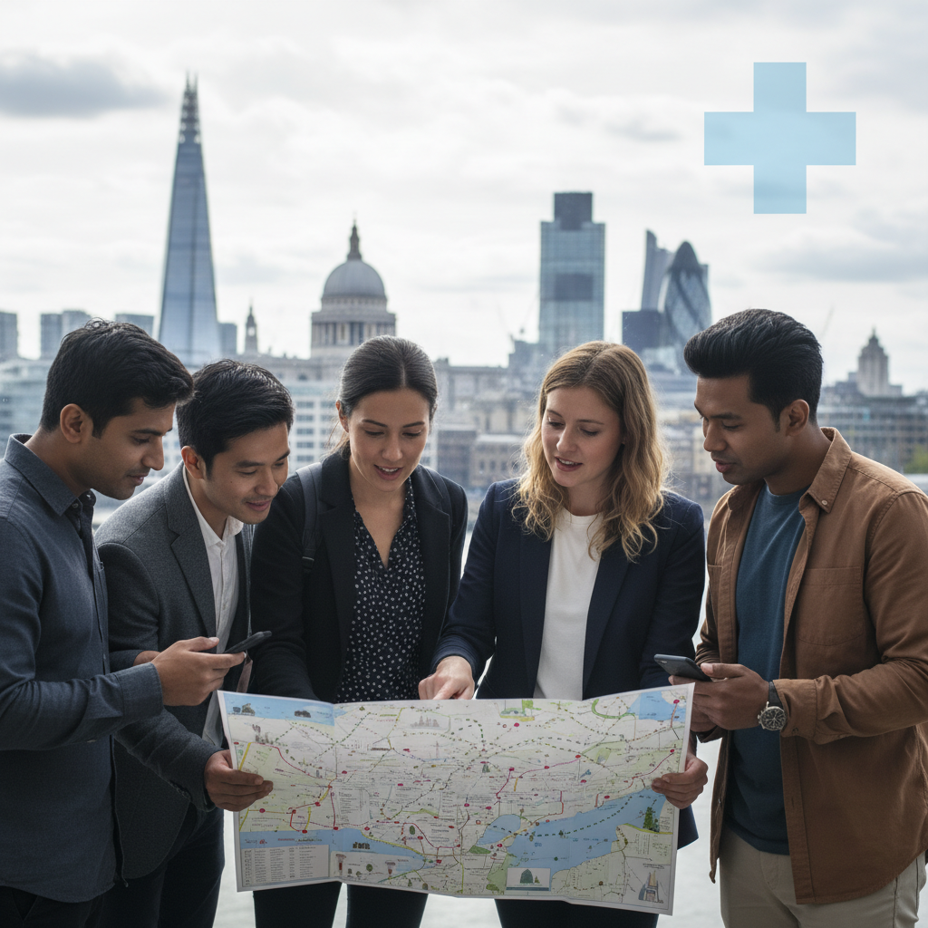 A diverse group of people, appearing as expats, looking at a map of London with famous landmarks in the background, a subtle medical cross icon is overlaid. Photorealistic, soft natural light.