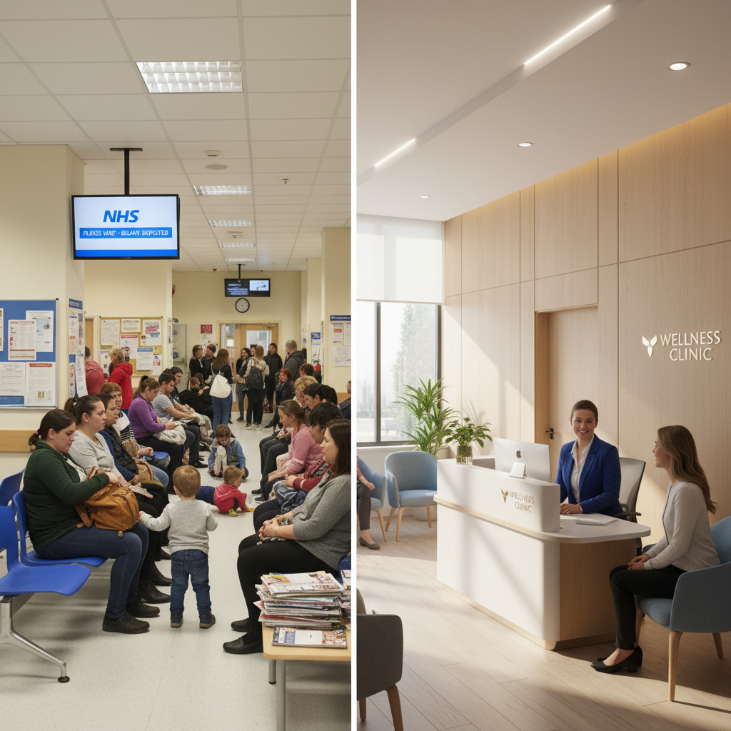 A split image or conceptual duality. One side shows a busy, slightly crowded hospital waiting room with NHS signage. The other side shows a calm, modern, brightly lit private clinic reception area with a friendly receptionist. Photorealistic, clean aesthetic.