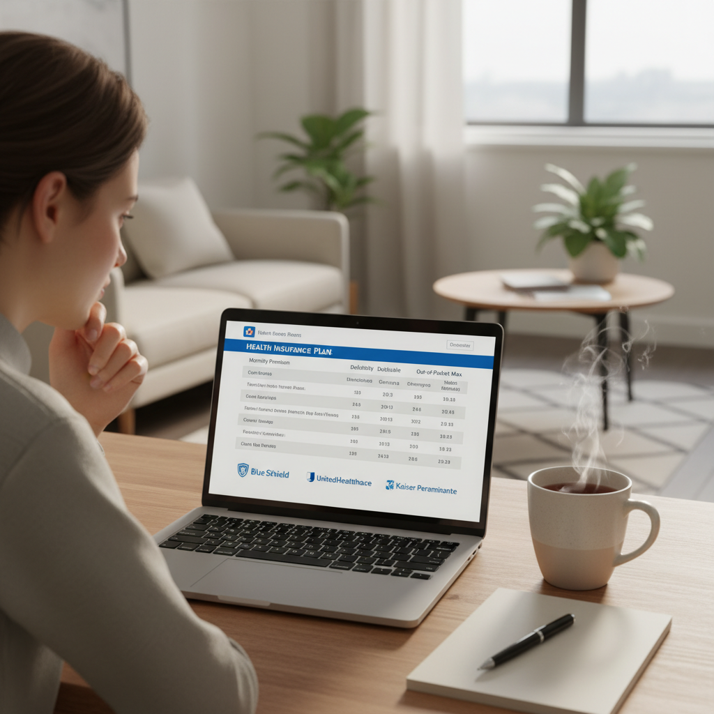 A person sitting at a desk, looking at a laptop screen displaying various health insurance plan comparisons, with a cup of tea and a pen nearby. Soft focus background of a modern living room. Photorealistic, warm lighting.