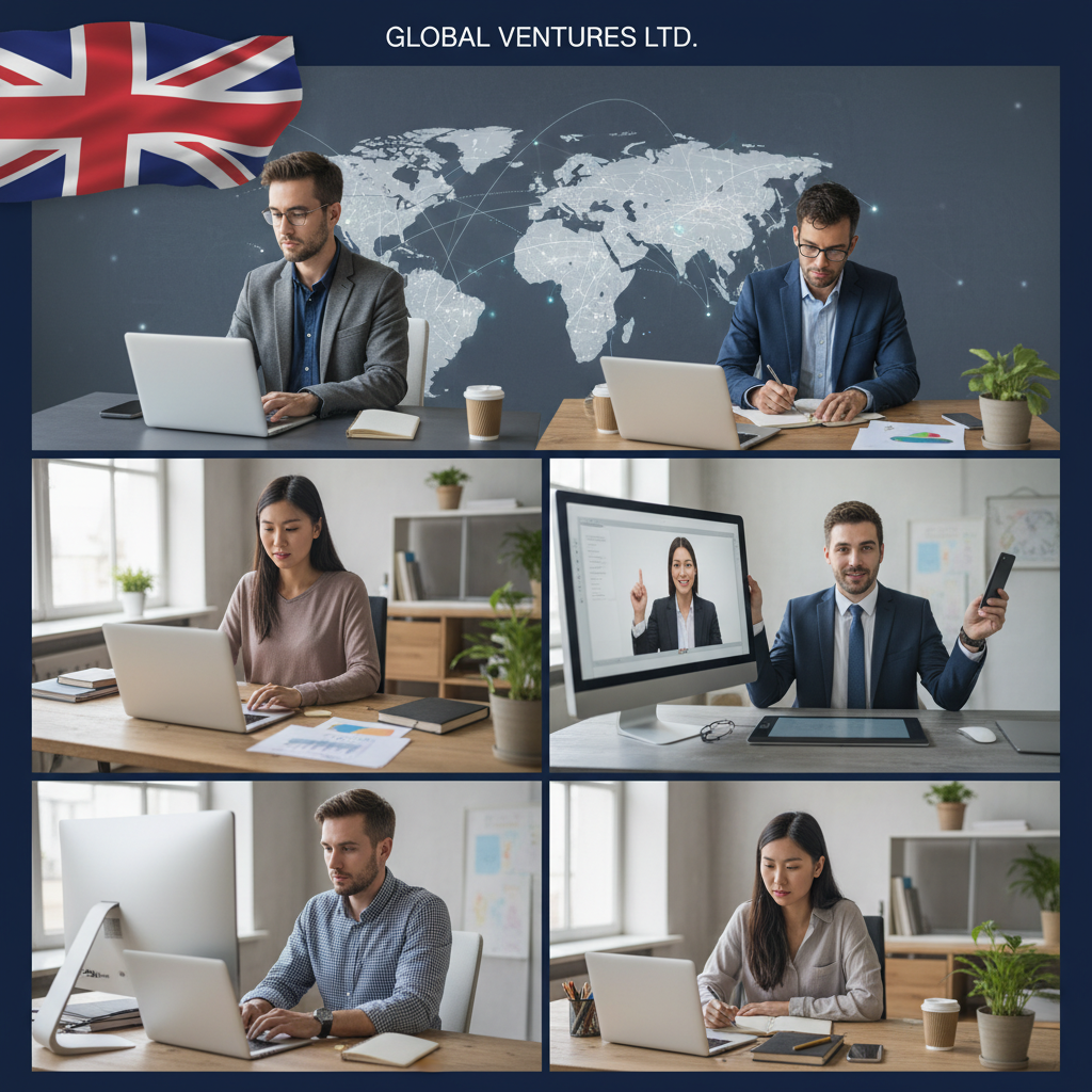 A diverse group of expat business owners collaborating remotely, using various devices like laptops and tablets, with a world map and subtle UK flag in the background, depicting global business interactions, photorealistic.