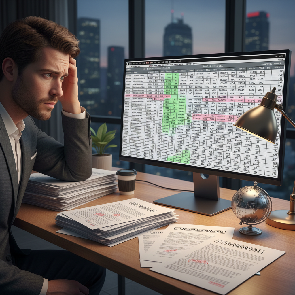 A person looking perplexed at a complex financial spreadsheet with different currency symbols and various compliance documents scattered around, representing the challenges of international business operations, photorealistic.