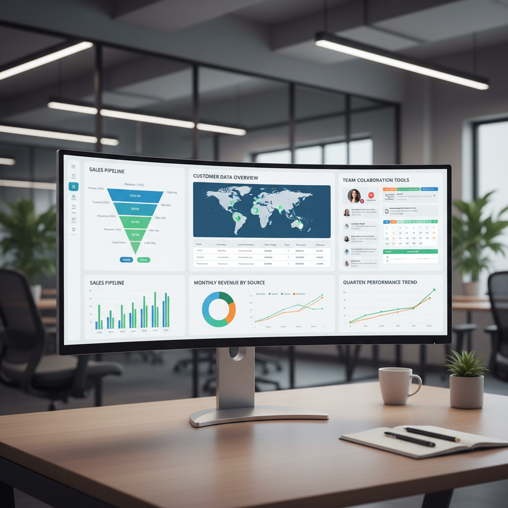 A professional CRM dashboard displaying various metrics like sales pipelines, customer data, and team collaboration tools on a sleek monitor, with charts and graphs, in a modern office setting, photorealistic.