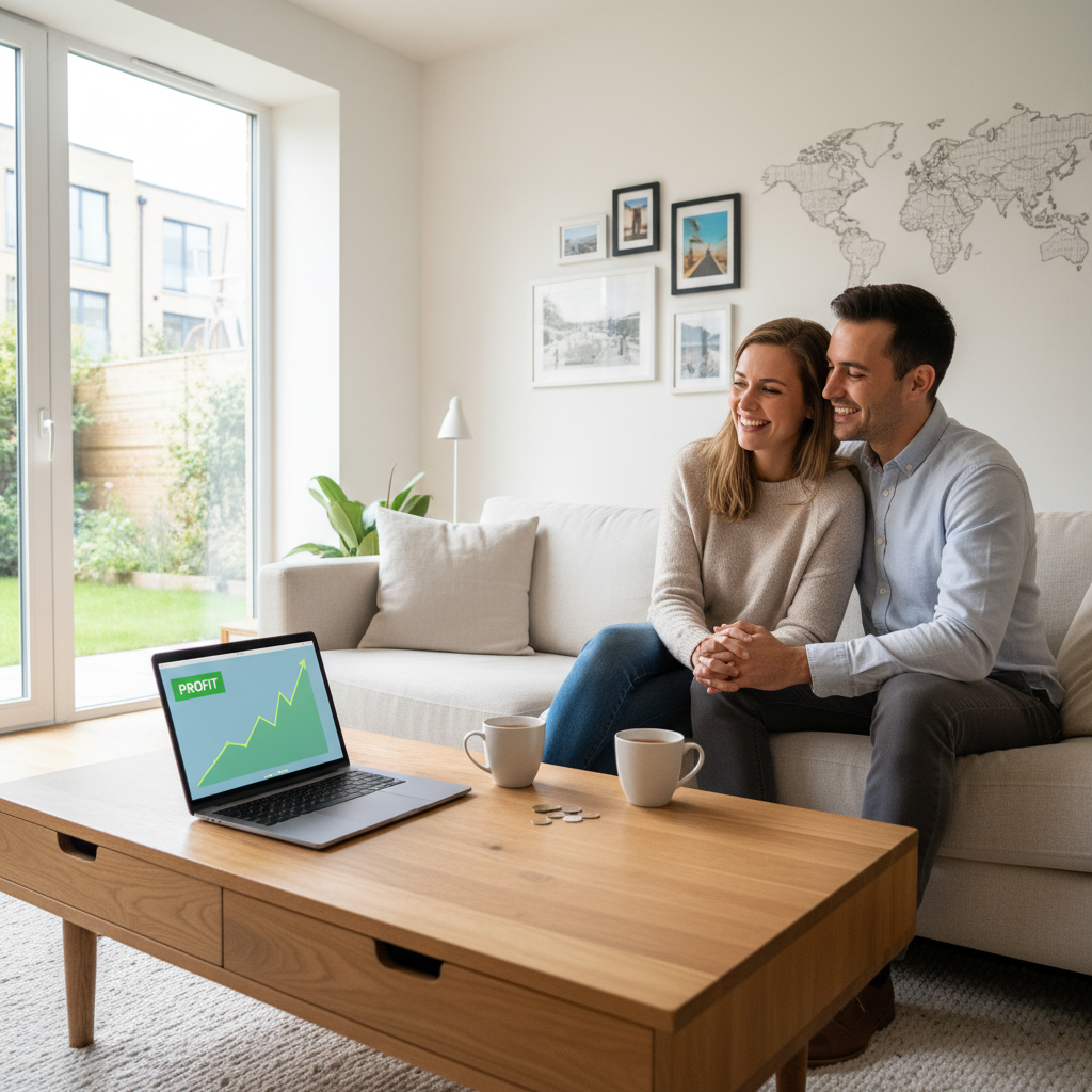 A happy expat couple in their modern UK home, looking relaxed and smiling, holding hands. A laptop on the table shows a positive financial graph in the background, symbolizing financial security and peace of mind, photorealistic.