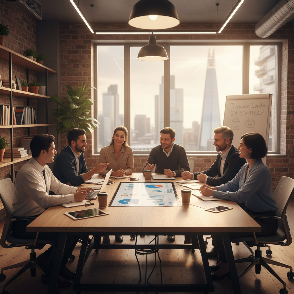 A diverse group of expat entrepreneurs in a modern, brightly lit co-working space in London, enthusiastically discussing business plans around a table. Photorealistic, warm lighting.