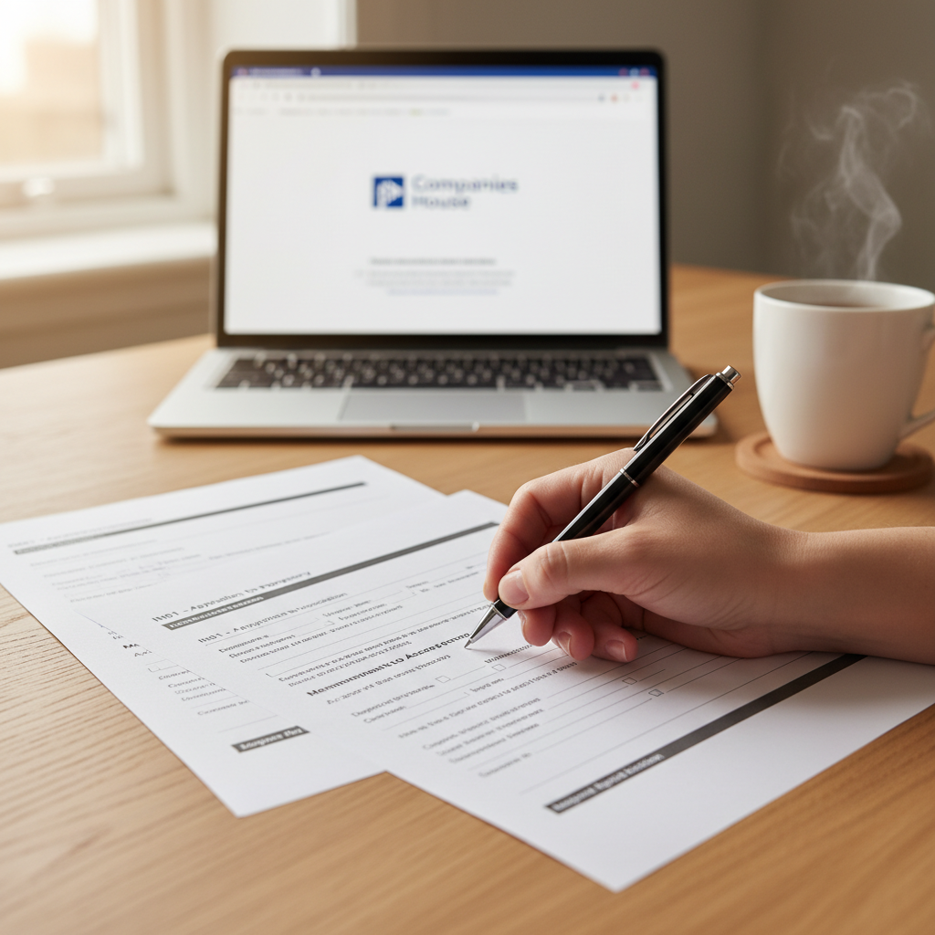 Close-up shot of a hand filling out UK company registration forms on a wooden desk, with a laptop and a cup of tea in the background. Soft natural light, professional.
