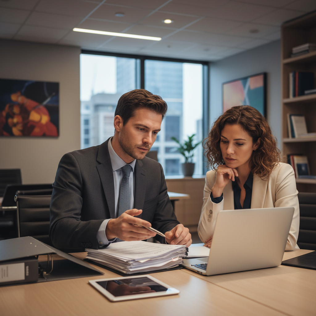 A professional legal advisor in a modern office setting, explaining complex legal documents to an expat client, both looking engaged and serious. Photorealistic, soft focus background.