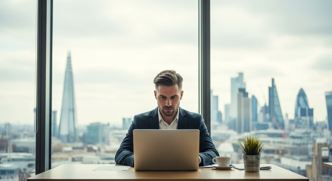 A professional expat sitting in a modern office in London, looking at a laptop with a focused expression. High-rise buildings are visible through the window, with a soft, natural light illuminating the scene. Photorealistic, wide shot.