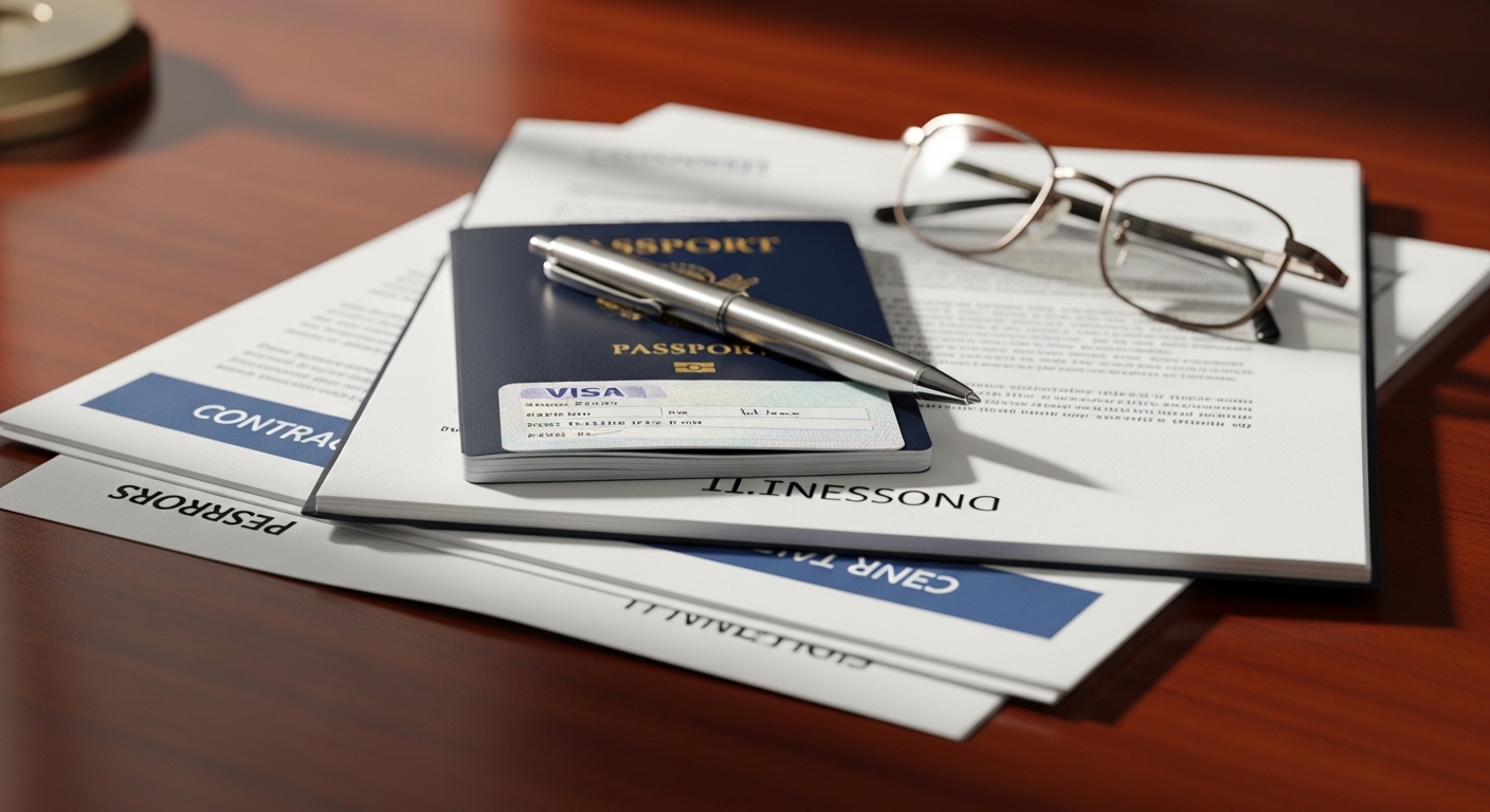 A stack of business documents and a passport laid out neatly on a wooden desk, alongside a pen and a pair of reading glasses, signifying careful preparation. Soft, warm lighting. Photorealistic, close-up shot.