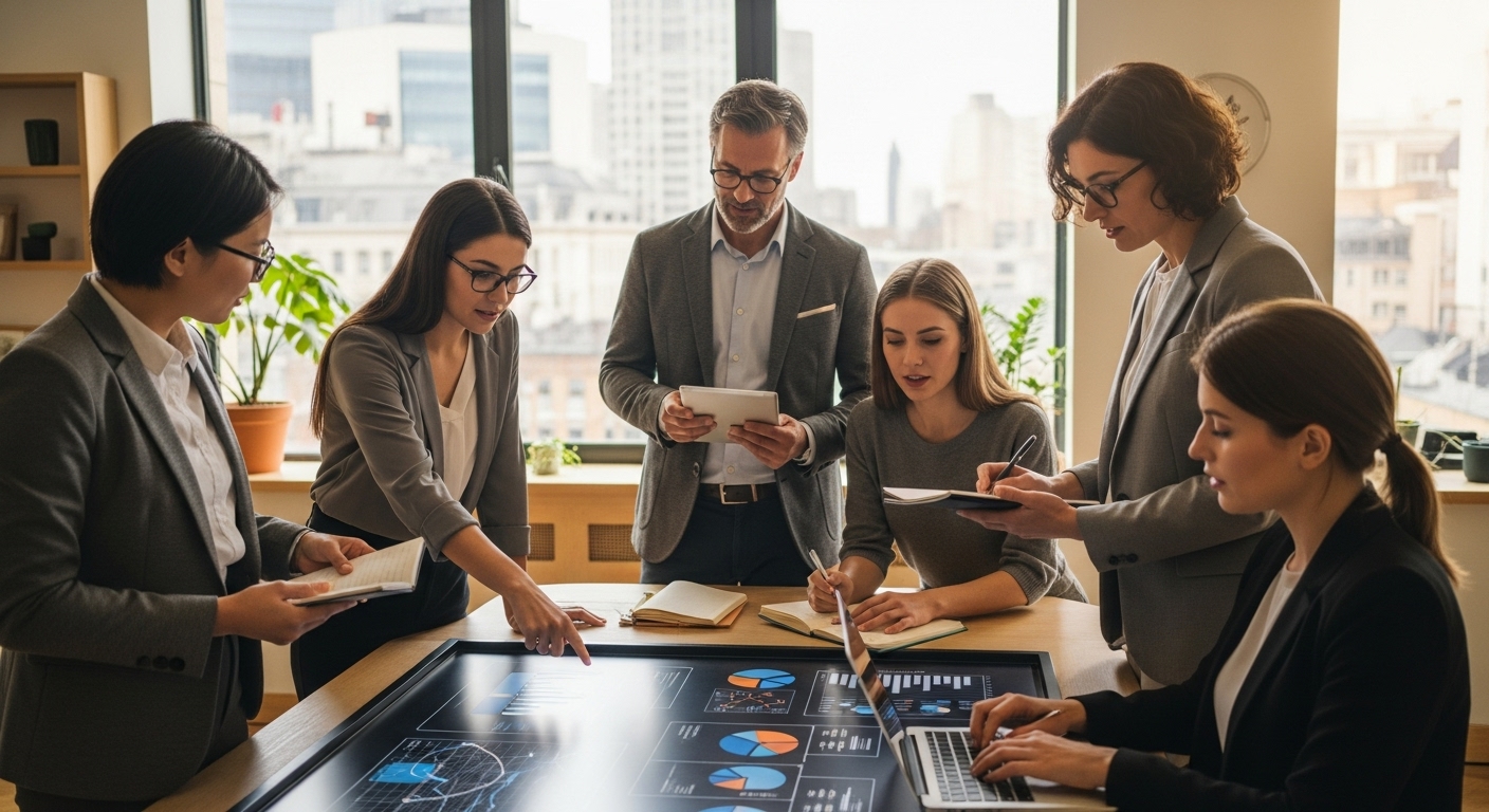 A diverse group of professional individuals in a modern, brightly lit office collaborating on a business plan, with a focus on innovation and technology, photorealistic, high detail, sharp focus