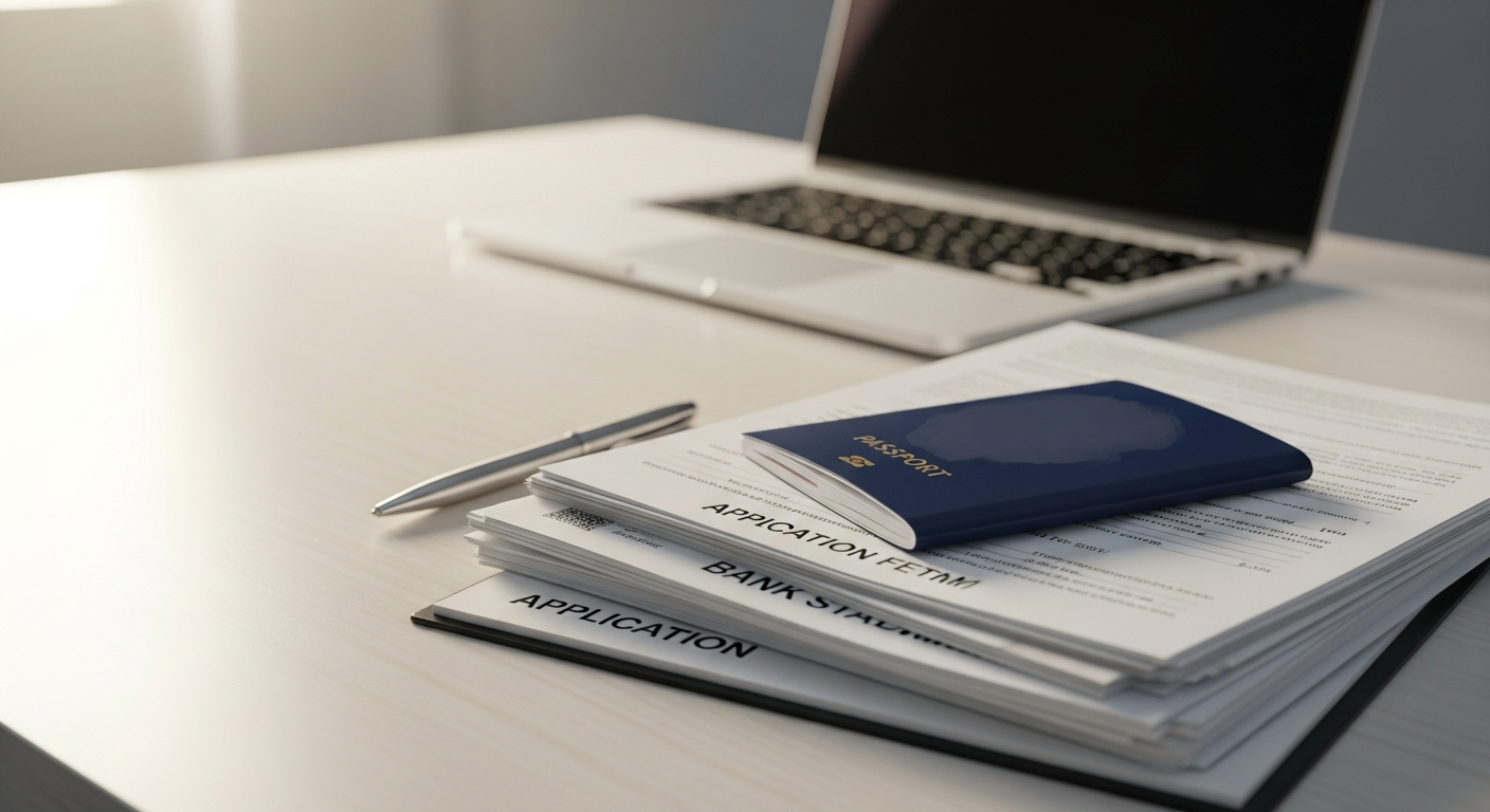 A stack of neatly organized official documents and a passport on a modern desk, with a pen and a laptop in the background, symbolizing a detailed visa application process, professional lighting, close-up shot, photorealistic