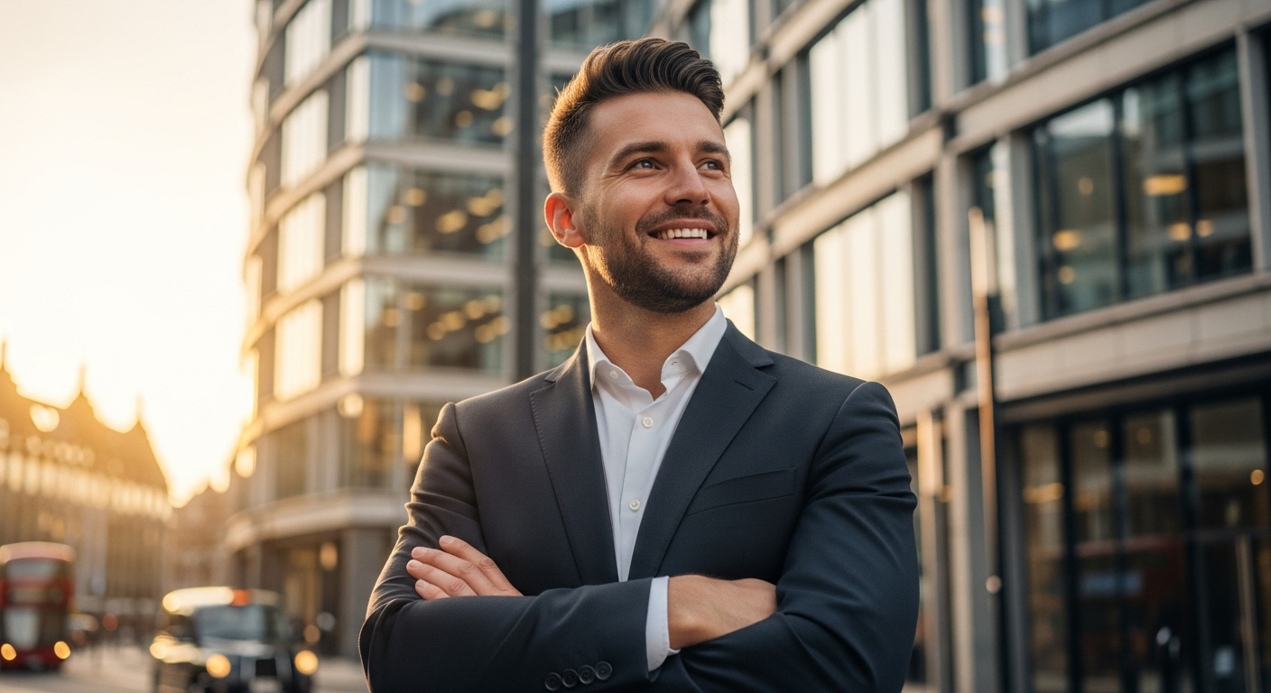 A confident and successful expat entrepreneur standing in front of a modern London office building, smiling, arms crossed, with a bright and optimistic expression, looking towards the future, photorealistic, golden hour lighting