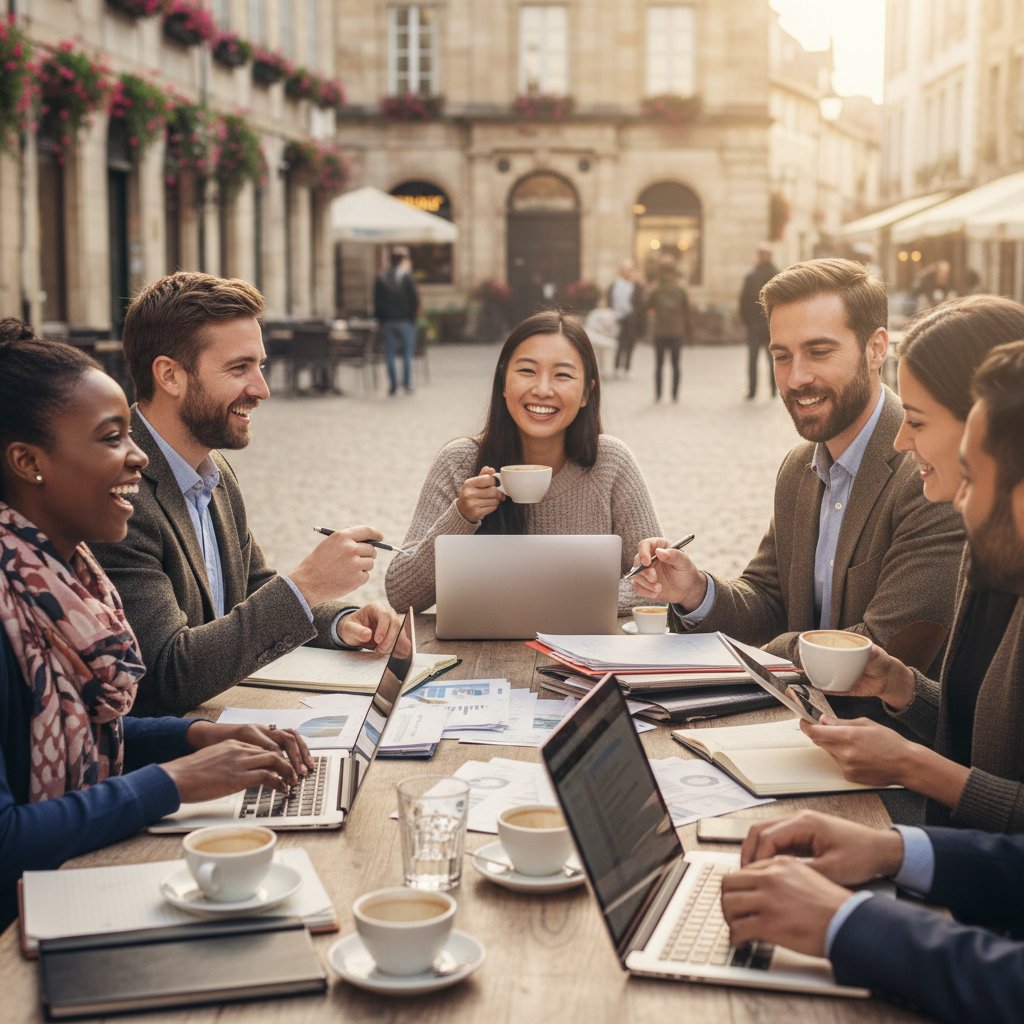 A diverse group of people from different countries, smiling and looking relaxed, sitting at a cafe table outdoors in a European city, with laptops and documents, representing global expats managing their finances. Photorealistic, soft natural light.