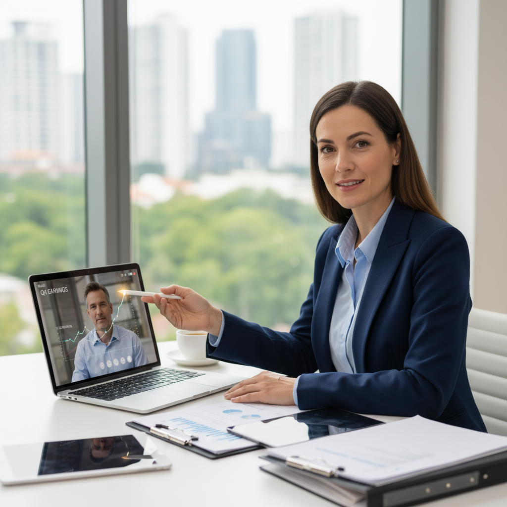 A professional female accountant in a modern, light office, discussing financial documents with a client via video call on a laptop. She is pointing at a graph on her screen, looking knowledgeable and helpful. Photorealistic, clear focus.