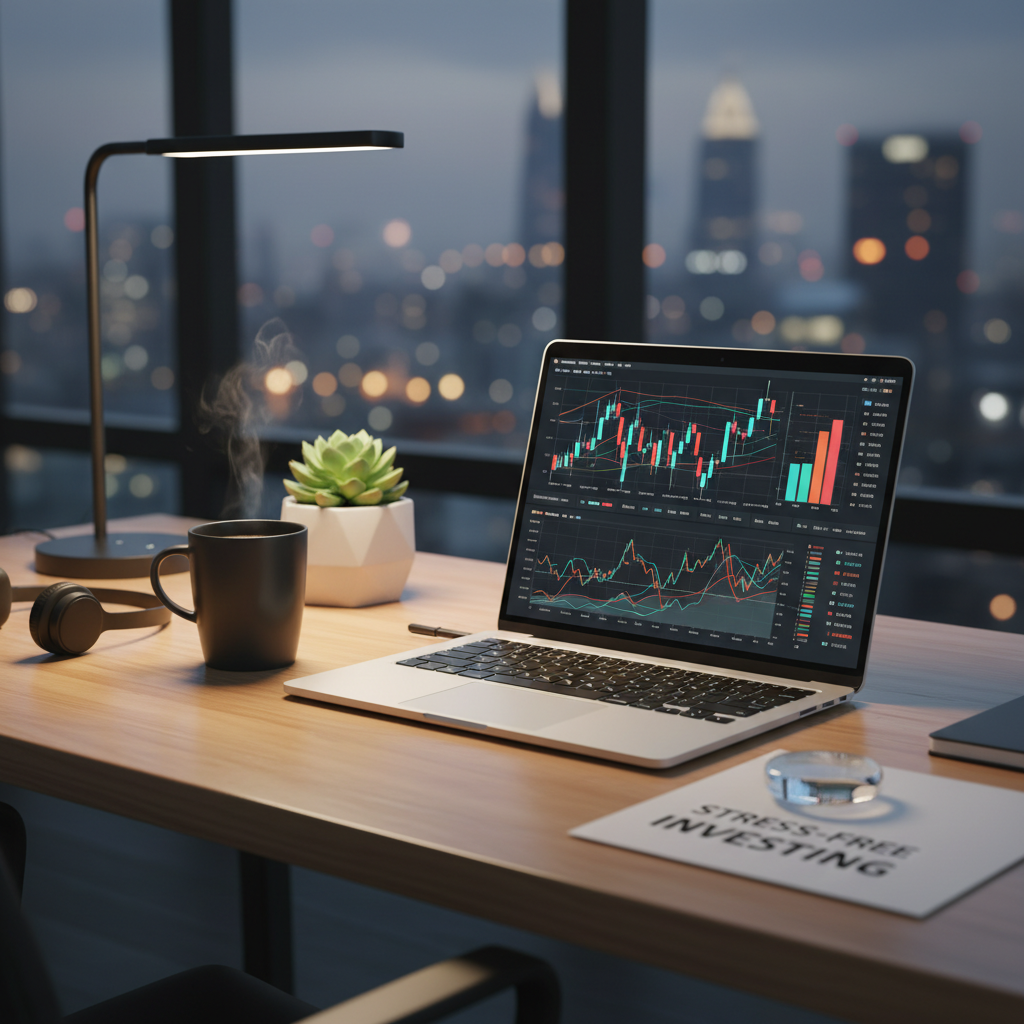 A sleek, modern office desk with a laptop displaying financial charts, a cup of coffee, and a small plant, symbolizing efficient and stress-free financial management. Soft ambient lighting, professional setting. Photorealistic.