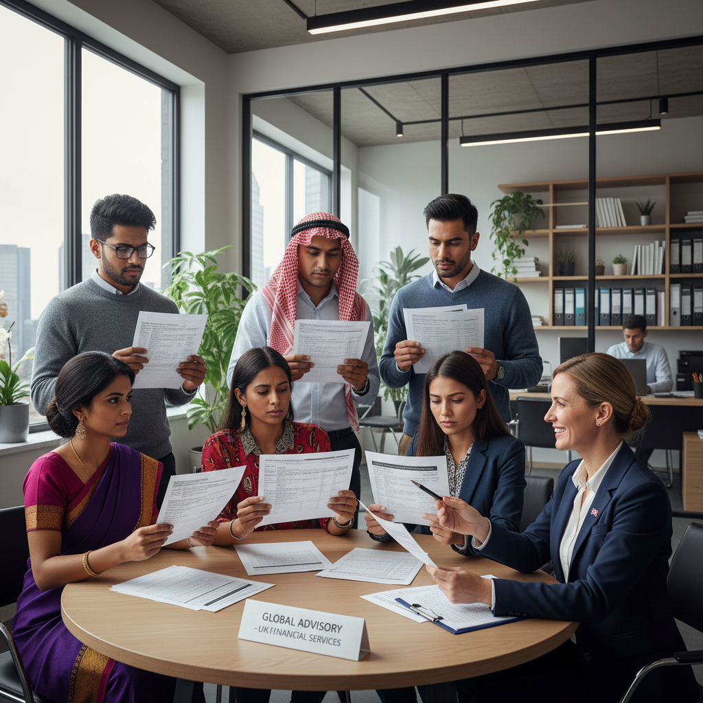 A diverse group of expats from various countries, looking slightly puzzled by complex financial documents, are seeking guidance from a friendly, professional UK accountant in a brightly lit, modern office. Photorealistic, high detail.