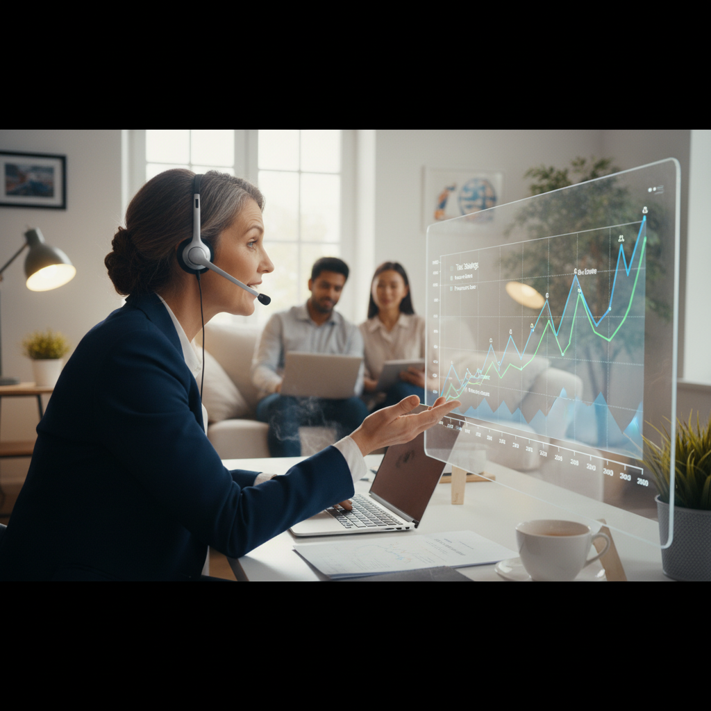 A professional UK accountant is explaining a detailed tax strategy to a global expat couple via a high-quality video call. The accountant points to a clear digital graph on a screen, showing financial projections. Photorealistic, modern, warm lighting.