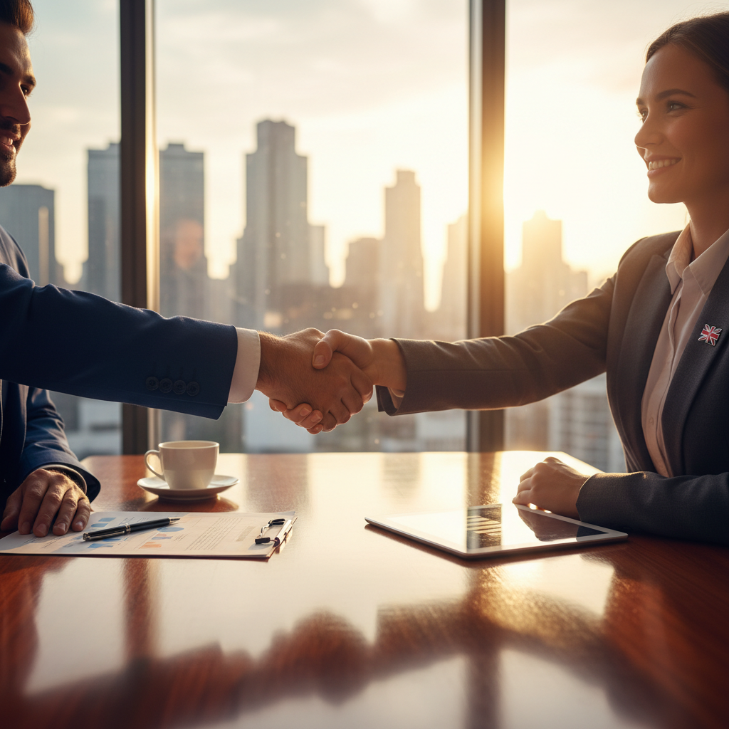 A warm, confident handshake between a male expat and a female UK accountant across a polished conference table. Sunlight streams through a large window in a contemporary office, symbolizing trust and a successful partnership. Photorealistic, professional.