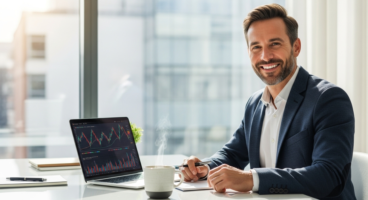 A professional expat entrepreneur, smiling confidently, sitting at a modern office desk with a laptop displaying financial charts, a cup of coffee nearby, natural daylight streaming in. Photorealistic, high detail.