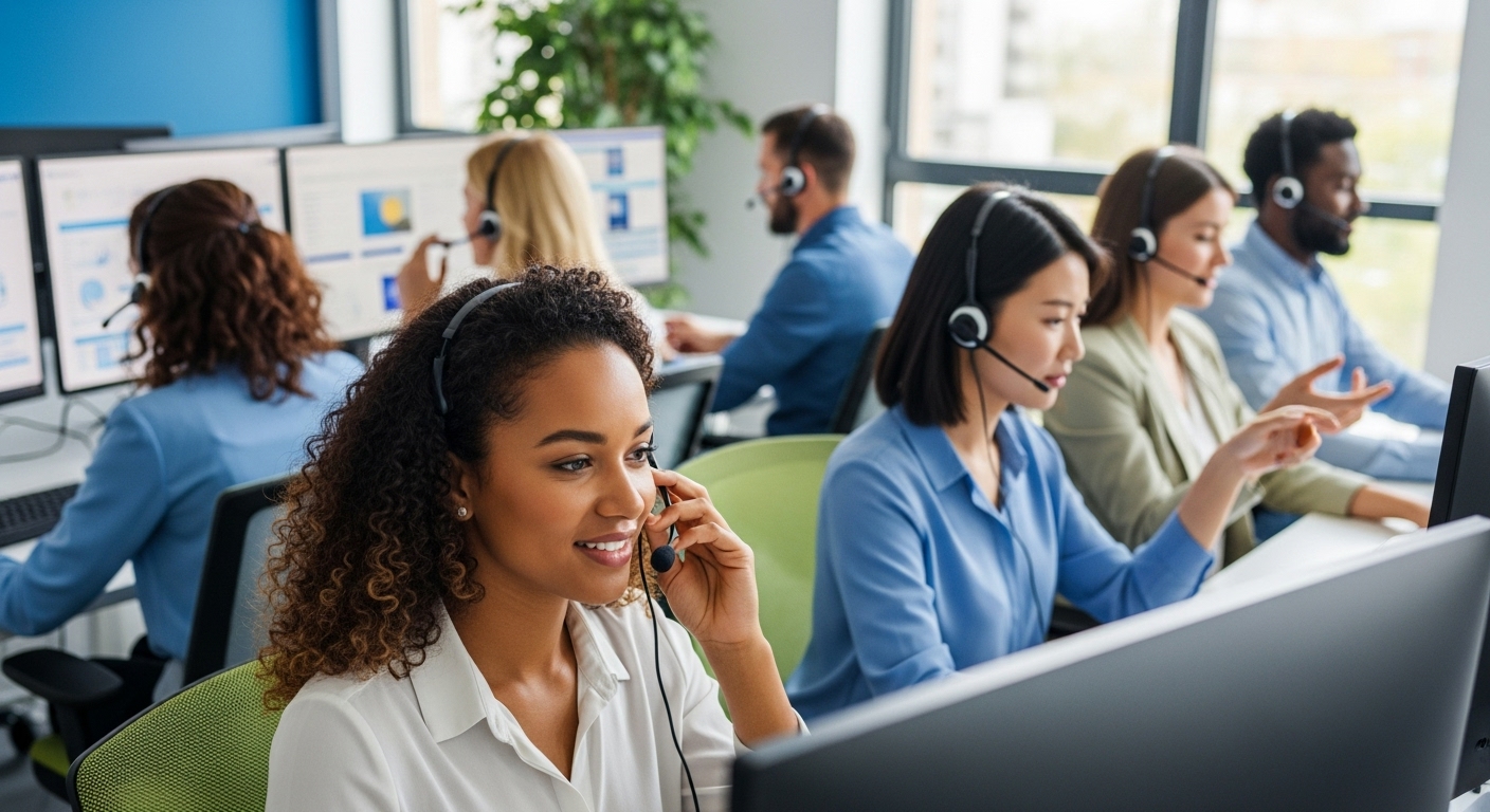A diverse team of customer support representatives, wearing headsets, assisting clients remotely from a modern, bright call center. Photorealistic, vibrant colors, clear focus on faces.