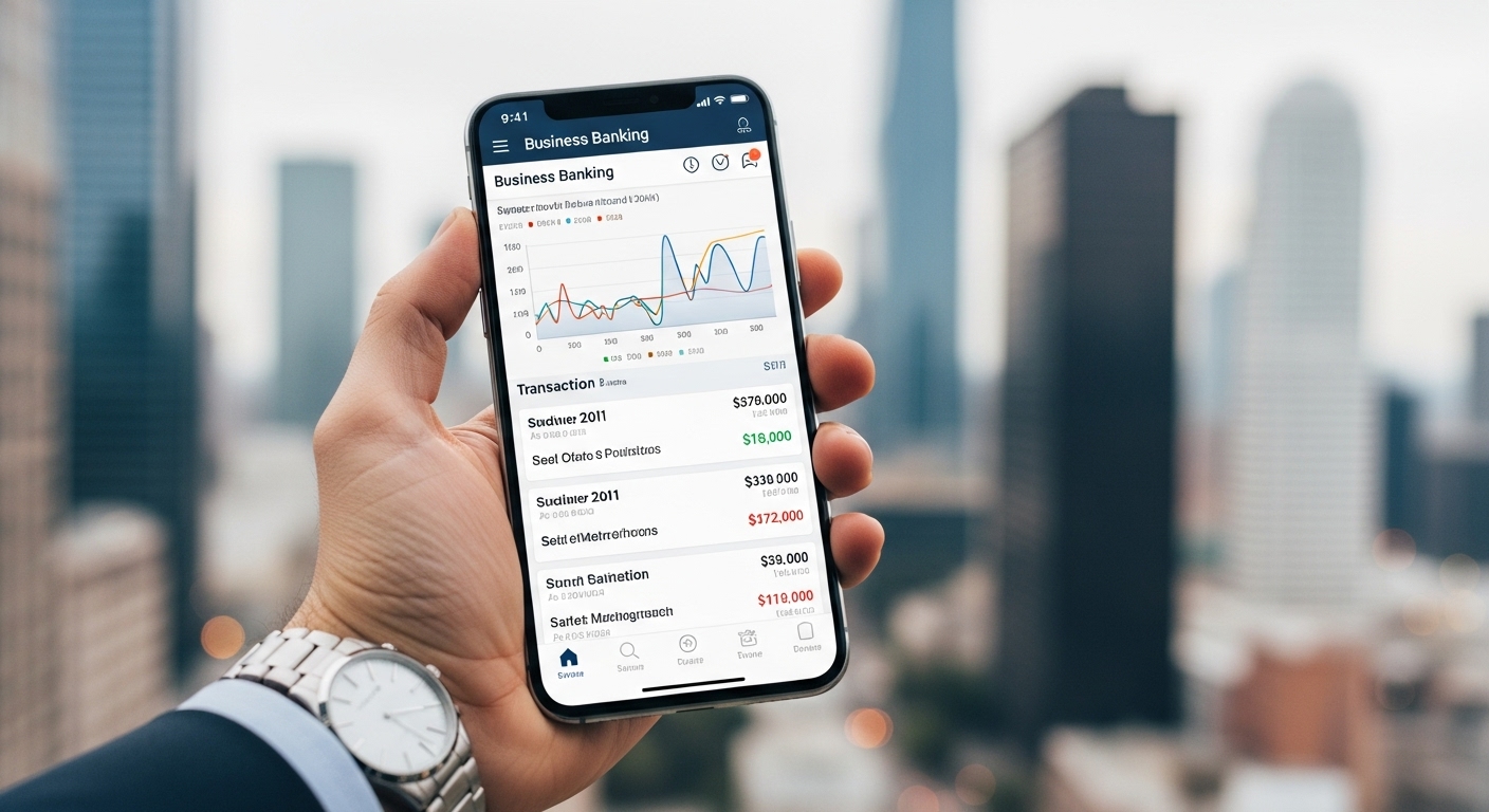 A sleek, modern smartphone displaying a business banking app interface with graphs and transaction history, held by a person with a professional watch, against a blurred cityscape background. Photorealistic, sharp focus.