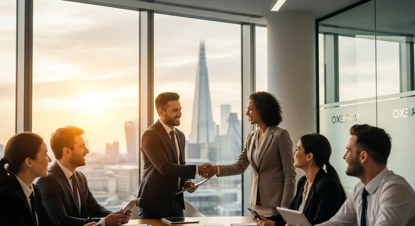 A diverse group of international business professionals, smiling and shaking hands in a modern, sunlit office in London, illustrating successful networking and business setup, photorealistic, cinematic lighting
