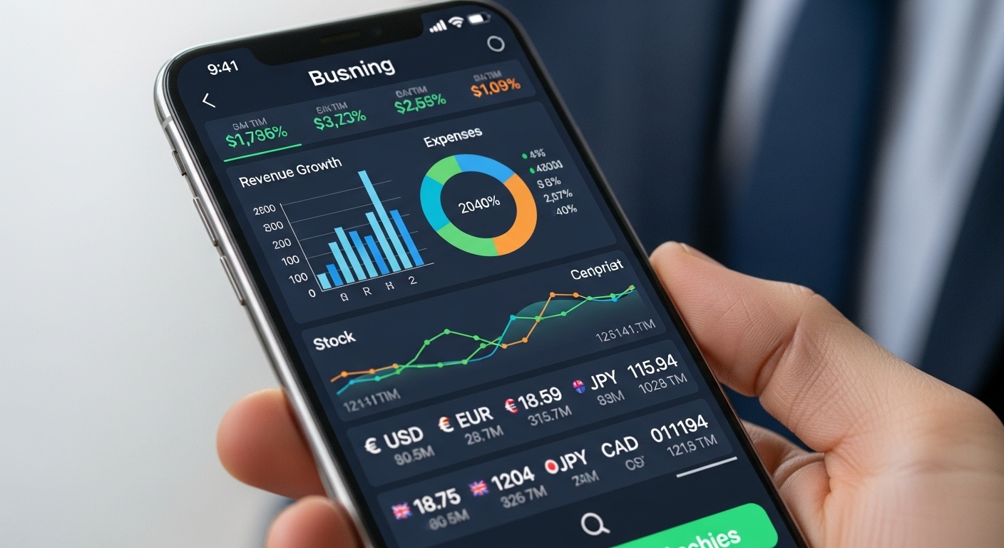 A sleek smartphone screen displaying a digital banking app interface with various business financial metrics, charts, and international currency options, held by a person with a professional background, high detail, vibrant colors, close-up shot