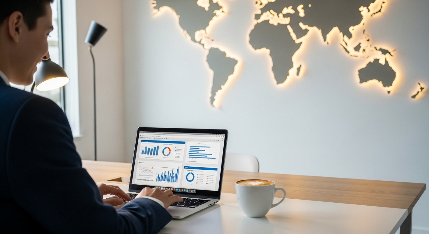 A person sitting comfortably at a modern desk, reviewing financial documents on a laptop with a cup of coffee nearby, a world map subtly in the background, conveying successful remote business management, soft lighting, professional