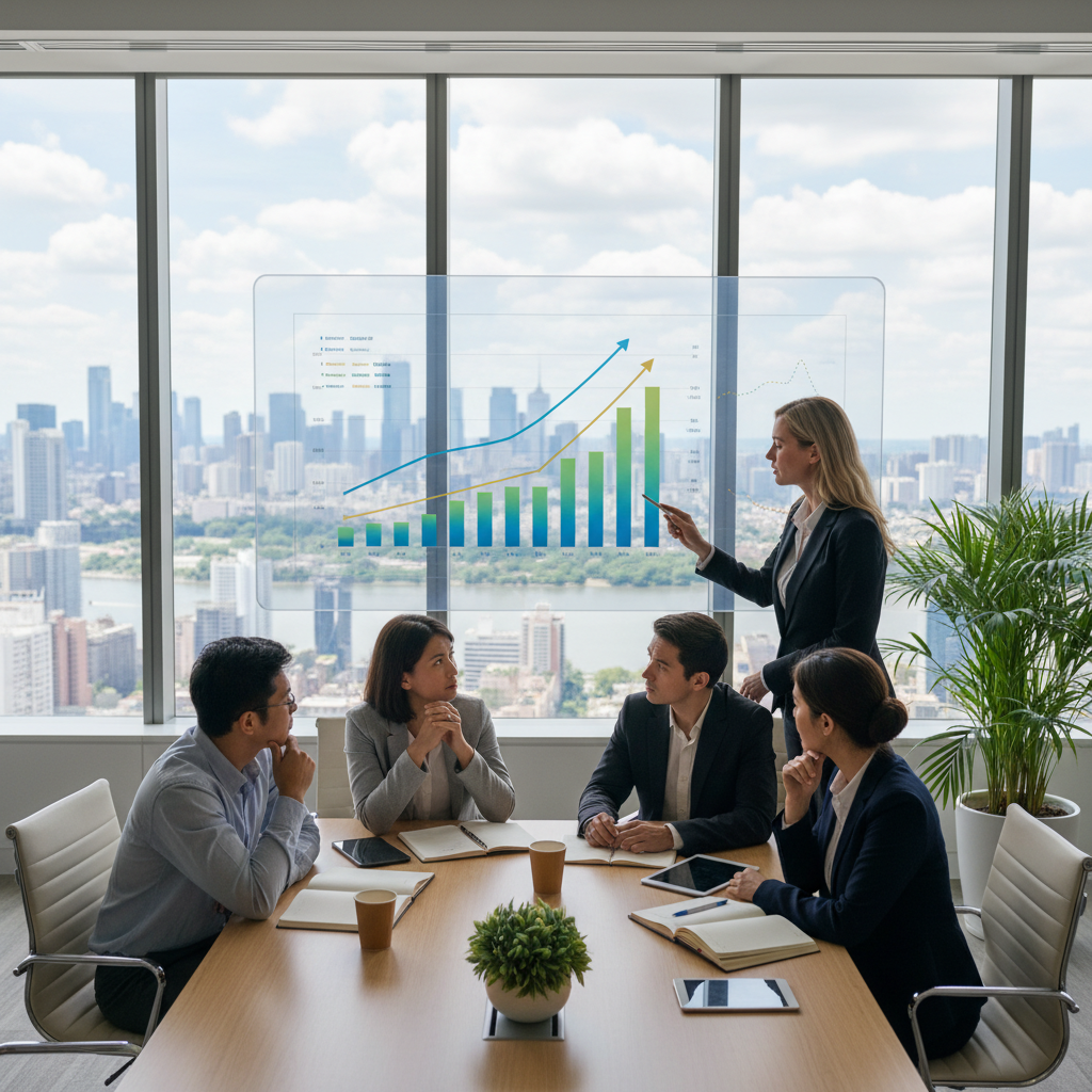 A diverse group of expats, looking thoughtfully at a financial projection chart with a financial advisor in a modern, light-filled office. The atmosphere is professional yet approachable, photorealistic.