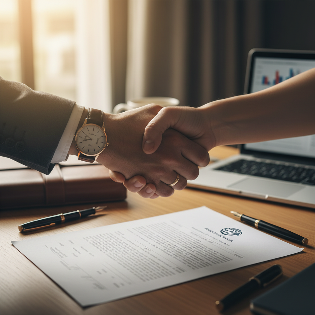A detailed close-up shot of hands shaking over a financial document on a desk, symbolizing a successful partnership between an expat client and a financial advisor. Soft, warm lighting, photorealistic.