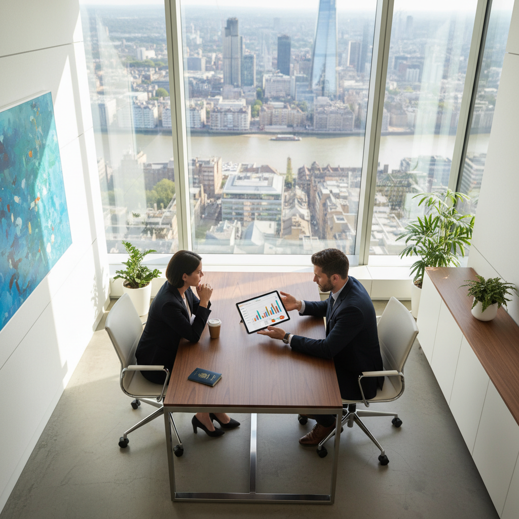A modern office space with a large window overlooking the London cityscape. A financial advisor is pointing at a digital tablet, explaining financial concepts to an expat client. Professional, high-angle view, photorealistic.