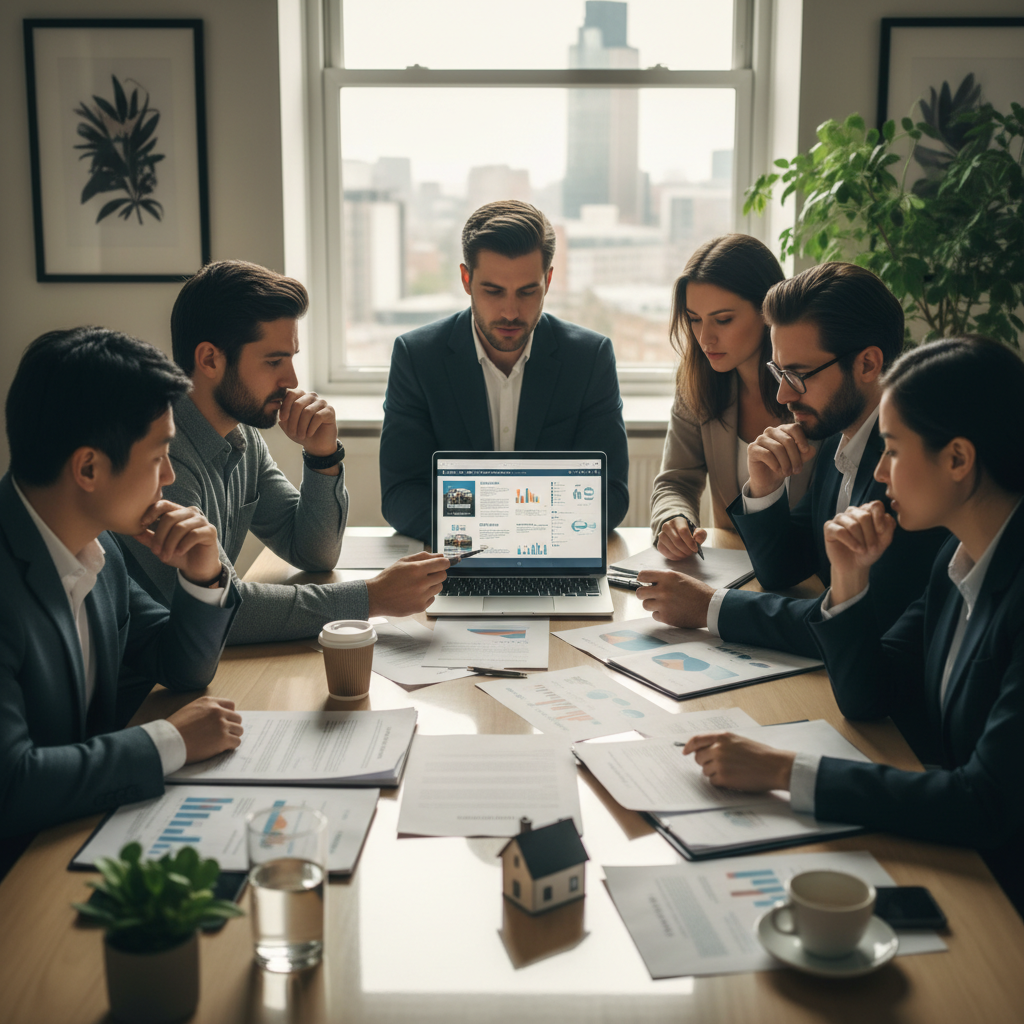 A diverse group of people from various countries, looking thoughtfully at documents and a laptop, representing expats planning their UK property investment, realistic photography, bright and modern office setting.