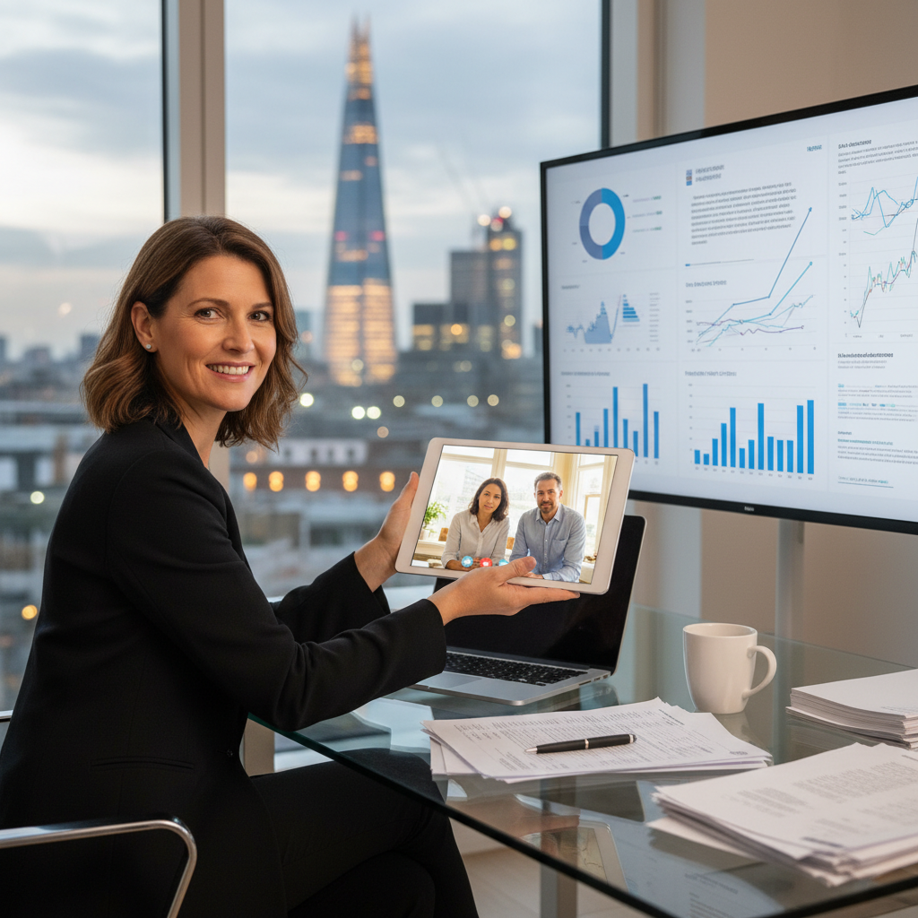 A professional mortgage advisor explaining complex financial charts and documents to an expat couple via a video call on a tablet, with a blurred cityscape of London in the background, high-resolution, soft lighting.