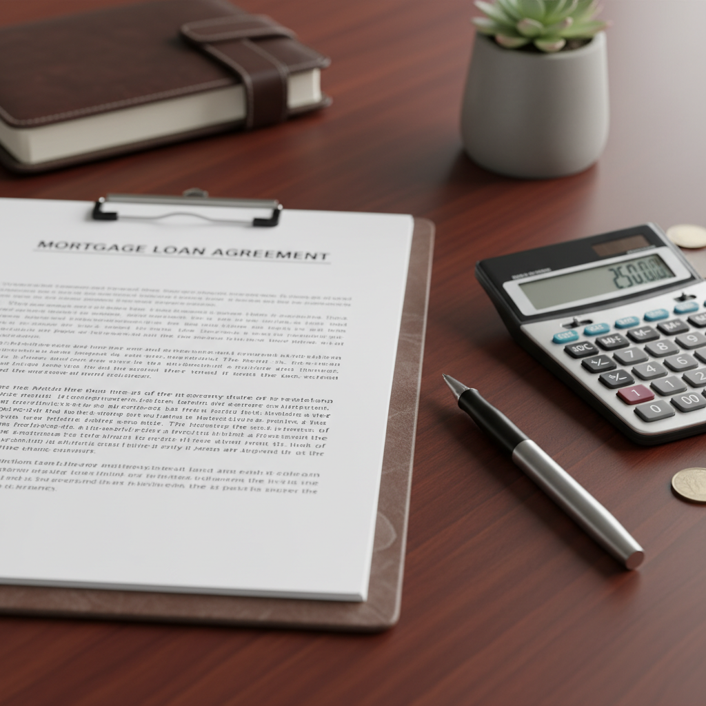 A neat stack of official documents, a pen, and a calculator on a polished wooden desk, symbolizing the preparation and financial planning required for a mortgage, clear focus, professional setting.