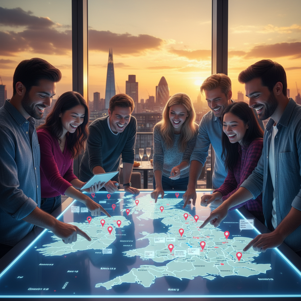 A diverse group of people (expats) from various countries happily looking at a digital map of the UK showing different property listings, with a modern cityscape in the background at sunset. Photorealistic, high detail.