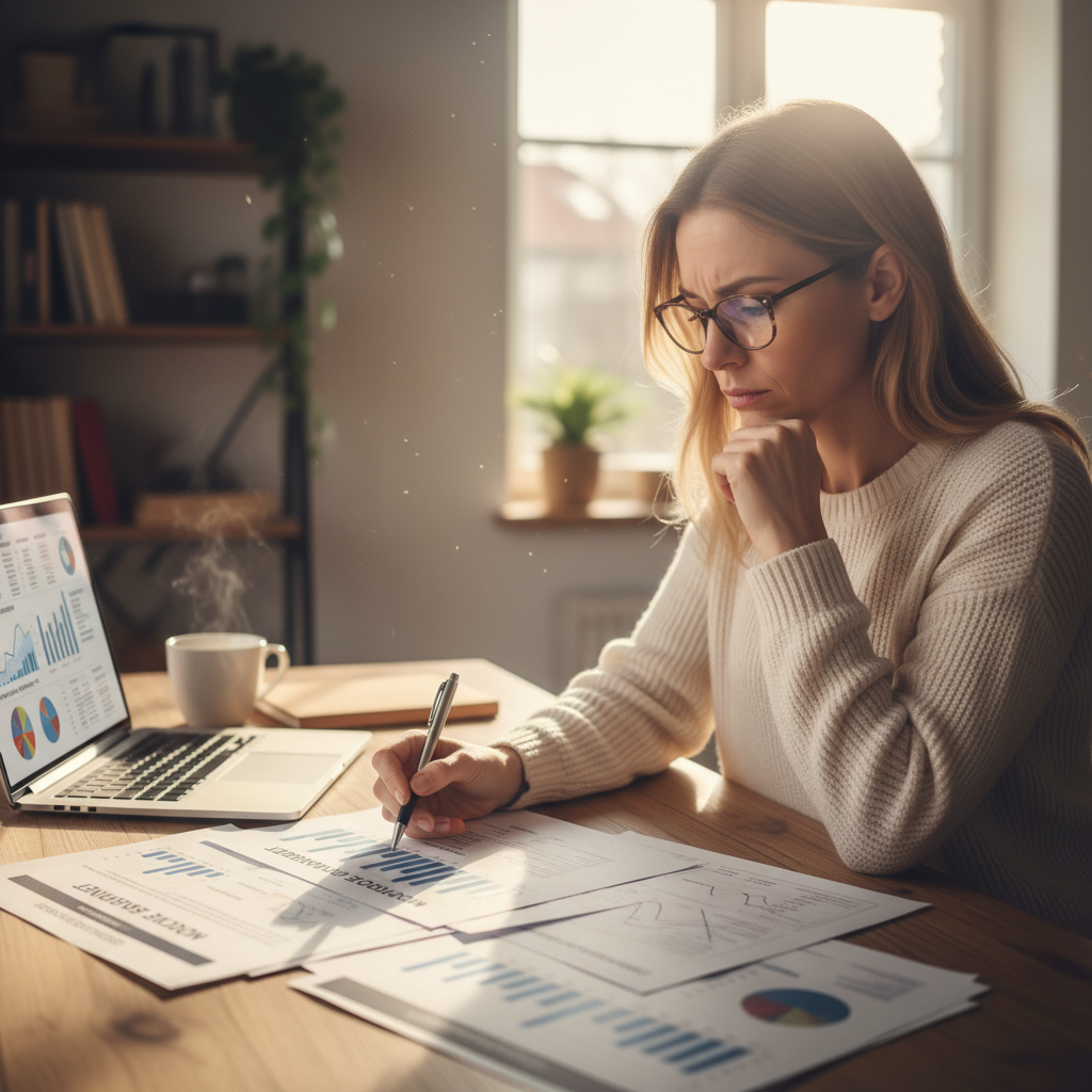 A person carefully reviewing complex financial documents and charts on a desk with a laptop, reflecting on mortgage terms. Photorealistic, soft natural light.